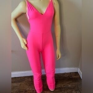 Boutique Neon Bright Pink Jumpsuit Spaghetti Straps Scrunch Butt XS S M OS